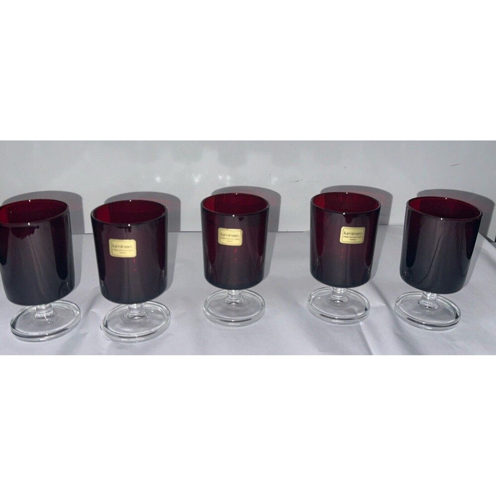 Luminarc Arcoroc French Ruby Red 5"  Wine Glasses Clear Footed Set Of 5 VTG